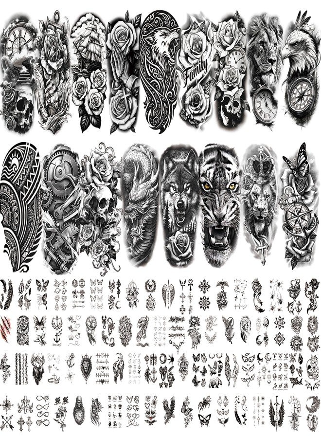 Metuu 92 Sheets Temporary Tattoos for Adults and Kids, Waterproof Realistic Tiger Lion Wolf Fake Tattoos, Classic Animal Body Art Stickers - Image 1