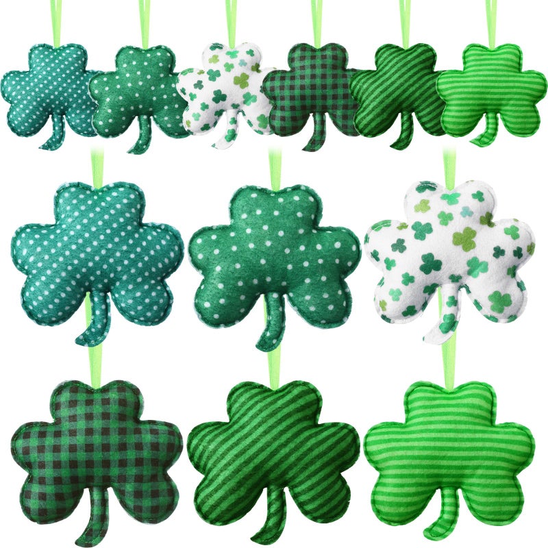 Breling 12 Pieces St Patrick's Day Felt Shamrocks Ornaments for Tree 4.72 Inch 3D Shamrocks Hanging Decorations Small Green Felt Hanging Decoration for Wedding Anniversary Party Decor DIY Crafts - Image 1