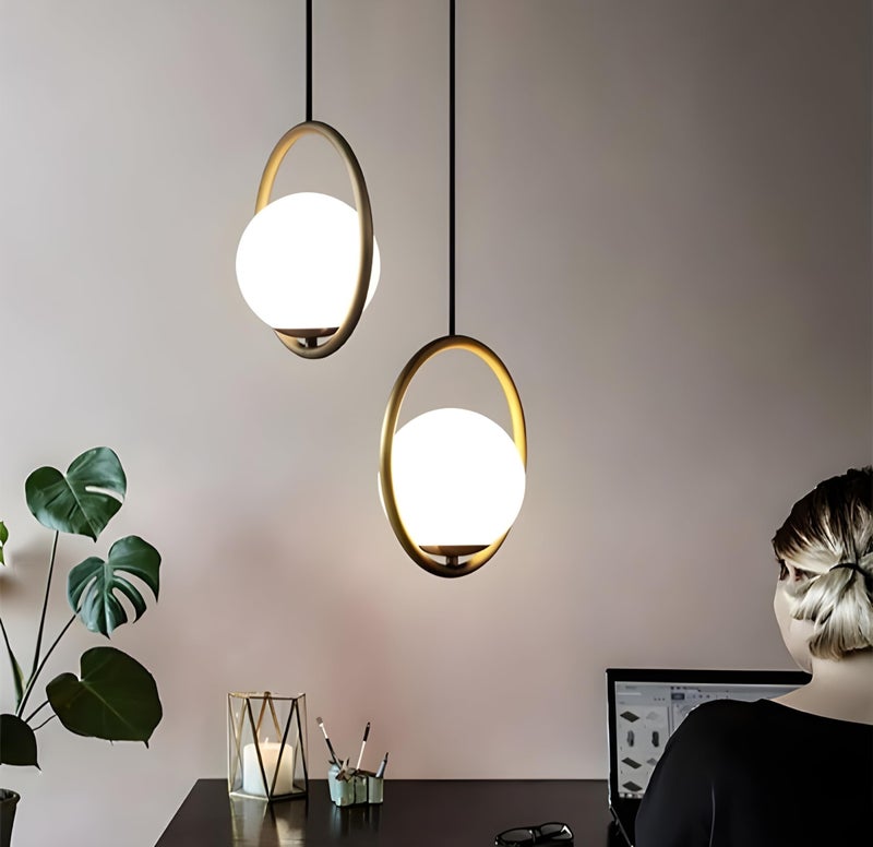 RBSK Gold Metal Ring & White Lampshade Pendant Light, Circular Ceiling Lamp (Without Bulb) - Image 3