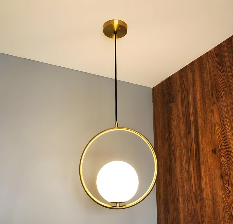 RBSK Gold Metal Ring & White Lampshade Pendant Light, Circular Ceiling Lamp (Without Bulb) - Image 1