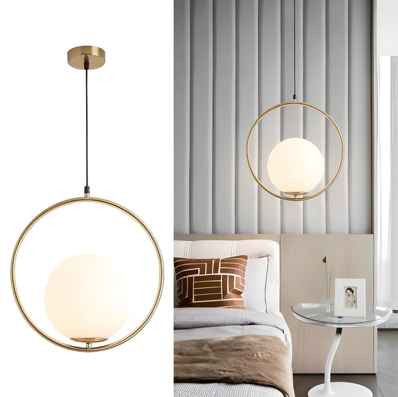 RBSK Gold Metal Ring & White Lampshade Pendant Light, Circular Ceiling Lamp (Without Bulb) - Image 5