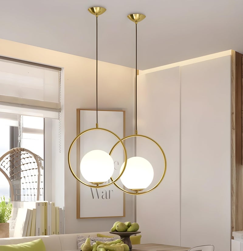 RBSK Gold Metal Ring & White Lampshade Pendant Light, Circular Ceiling Lamp (Without Bulb) - Image 4