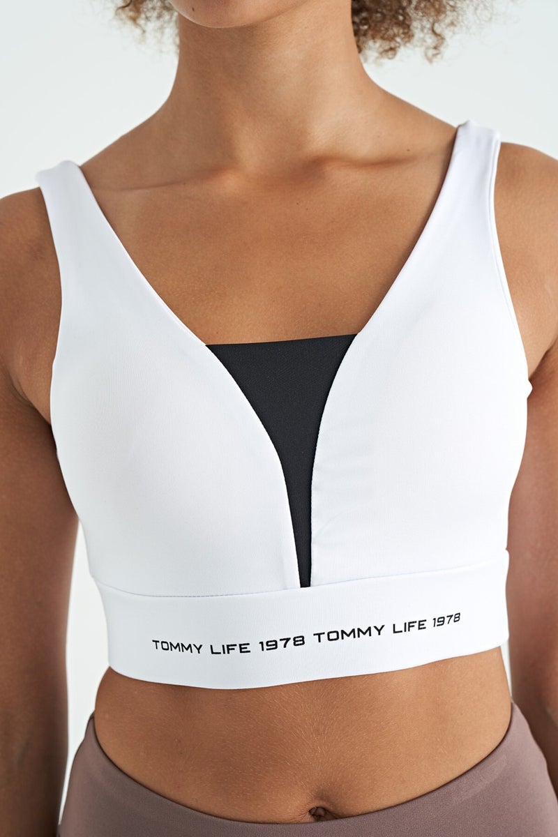 White Text Printed Color Block Slim Fit Diving Fabric Women's Bustier - 97271