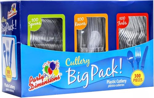 Party Dimensions 300 Count Plastic Cutlery Combo Box Disposable Clear Plastic Silverware Utensils Set 100 Forks 100 spoons 100 knives