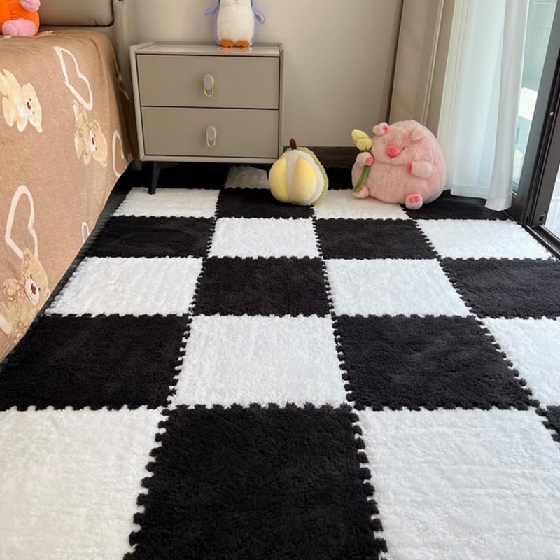 YISLEND 12Pcs Interlocking Carpet Tiles,12"x 12" Plush Interlocking Foam Carpet Tiles with Border,Fluffy Play Mat Floor Tiles Thick Padded Squares Foam Tiles for Playroom Decor (White+Black) - Image 1
