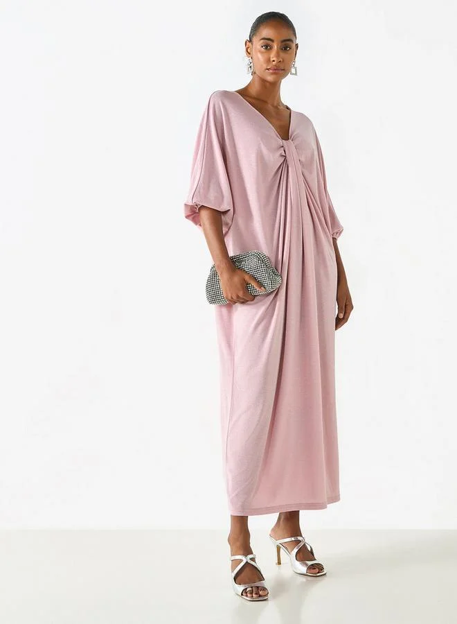 Iconic Iconic Textured Kaftan Dress with V-neck and Drape Detail