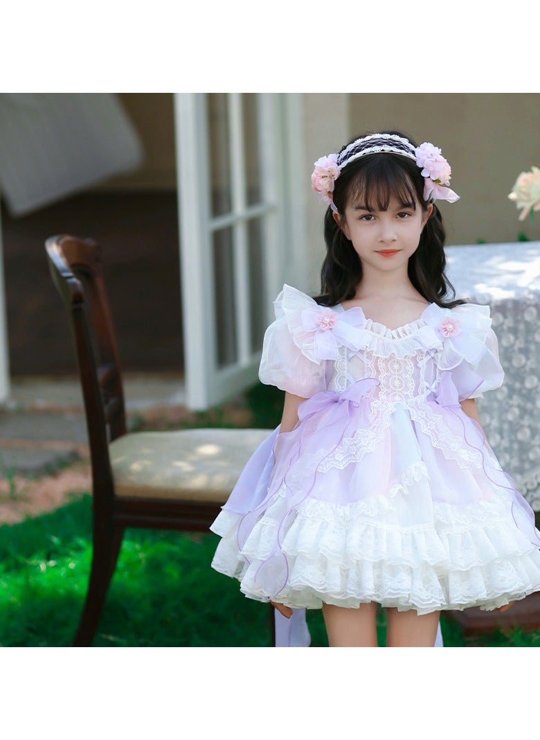 Loquat Girl's Lolita Fluffy Short Sleeve Dress Purple/White/Pink  - Image 1