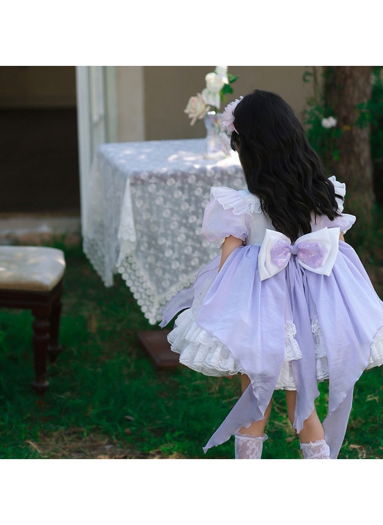 Loquat Girl's Lolita Fluffy Short Sleeve Dress Purple/White/Pink  - Image 2
