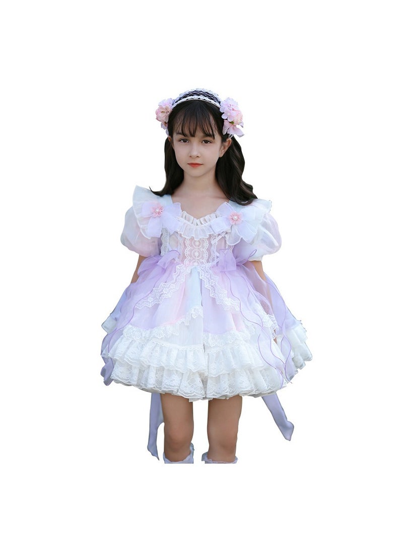 Loquat Girl's Lolita Fluffy Short Sleeve Dress Purple/White/Pink  - Image 4