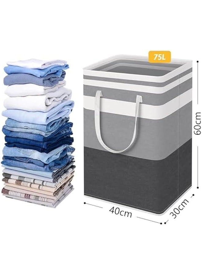بيوينتي سلة غسيل من قطعتين سعة 75 لتر، مقاومة للماء، سلة غسيل قائمة بذاتها، سلة ملابس طويلة قابلة للطي بمقابض ممتدة للملابس وغرفة النوم والحمام والسكن (رمادي متدرج) - Image 2