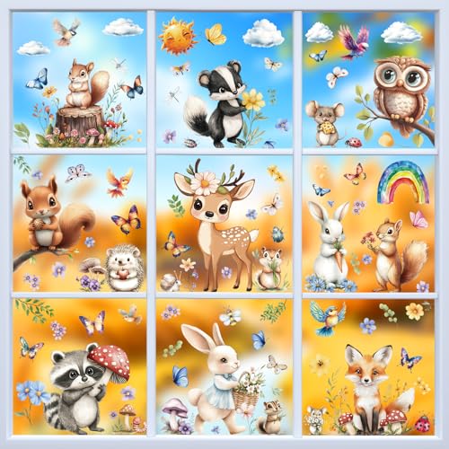 KIKISML 99 PCS Spring Window Clings, 9 Sheets Spring Animals Window Stickers with Cute Fox, Rabbit, Squirrel, Hedgehog, Owl, Deer for Home School Office Party Decor Glass Window Display Supplies - Image 1