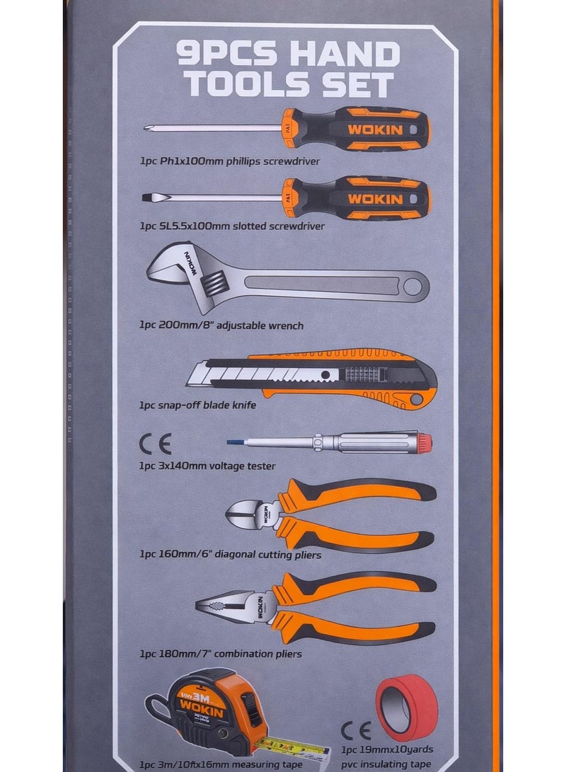 WOKIN 9PCS Hand Tools Set with Voltage Tester – Screwdrivers, Adjustable Wrench, Pliers, Cutter Knife, Measuring Tape & Insulating Tape with Storage Case - Image 2