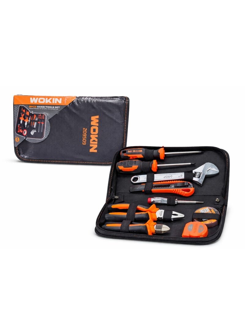 WOKIN 9PCS Hand Tools Set with Voltage Tester – Screwdrivers, Adjustable Wrench, Pliers, Cutter Knife, Measuring Tape & Insulating Tape with Storage Case - Image 3