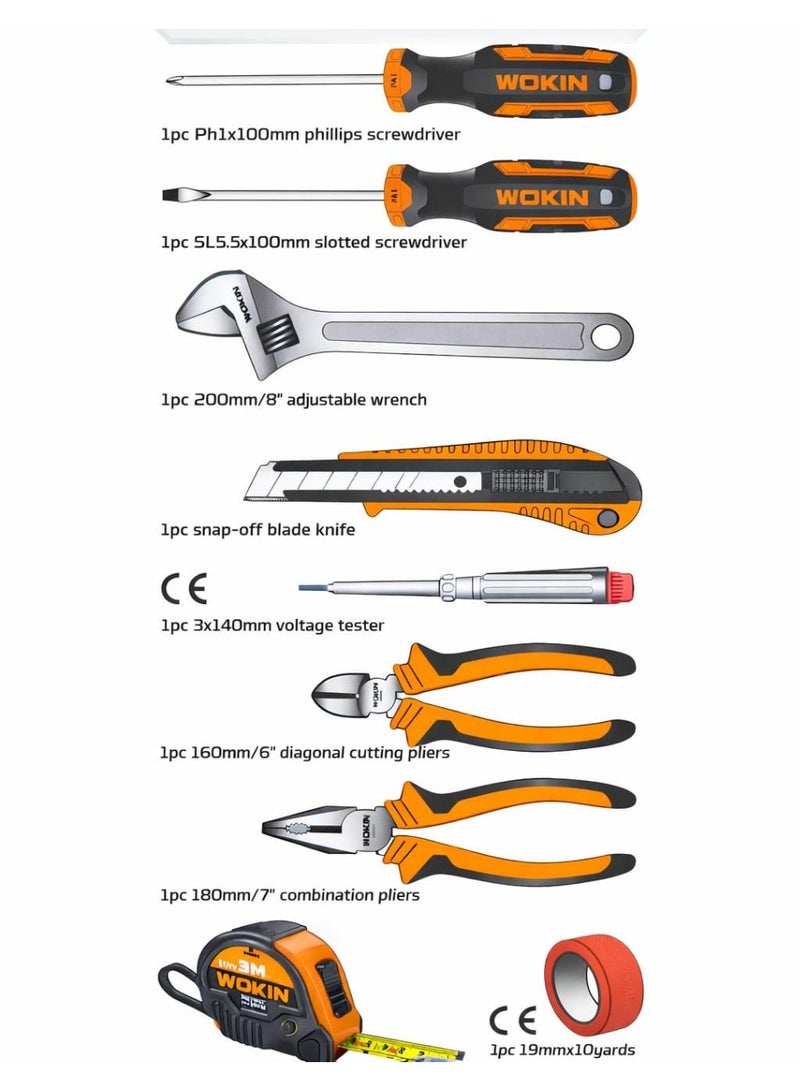 WOKIN 9PCS Hand Tools Set with Voltage Tester – Screwdrivers, Adjustable Wrench, Pliers, Cutter Knife, Measuring Tape & Insulating Tape with Storage Case - Image 4
