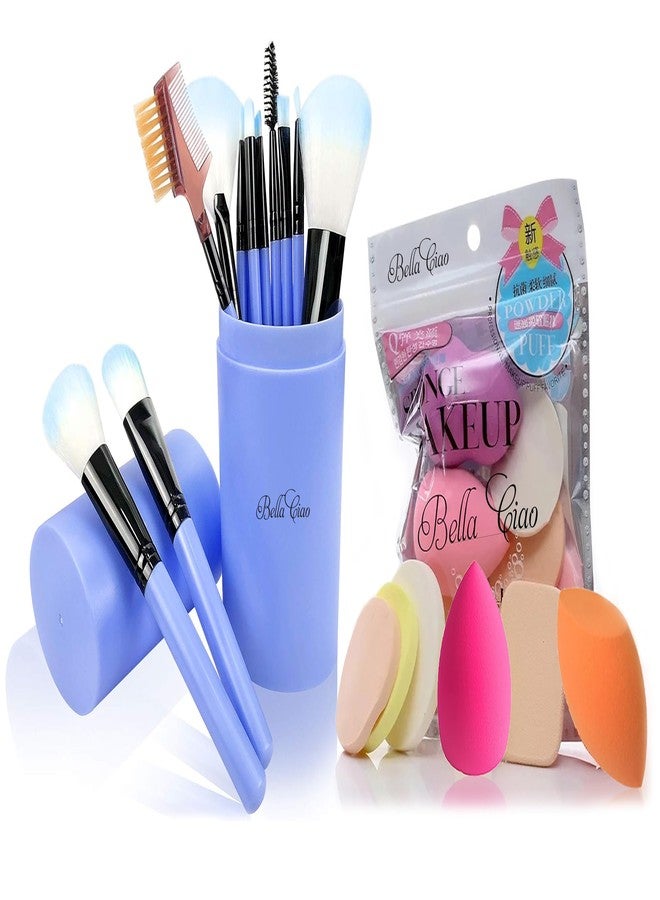 Bella Ciao Professional 12 Piece Face and Eye Makeup Brush Set With Storage Barrel With 6 in 1 Makeup Sponge Puff Pack - Soft (Pack of 18) (Blue) - Image 1