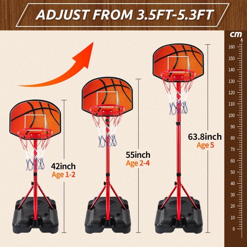 Hieoby Kids Basketball Hoop for 1 2 3 4 5 6 Year Old Stand Adjustable Height 3.5ft-5.3ft Toddler Boy Basketball Hoop Indoor Mini Basketball Hoops Goal Ball Games Toys for Girl Boy Age 1-3 2-4 3-5 - Image 2