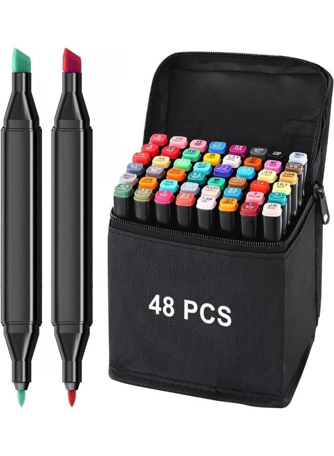 Parssufy 48 Pcs Dual Tip Alcohol Markers Set, Non-Toxic Art Supplies for Kids & Adults, Perfect Drawing, Illustration in Coloring Books Pen with Carry Case Set Colour Broad Drawing Sketching (48)