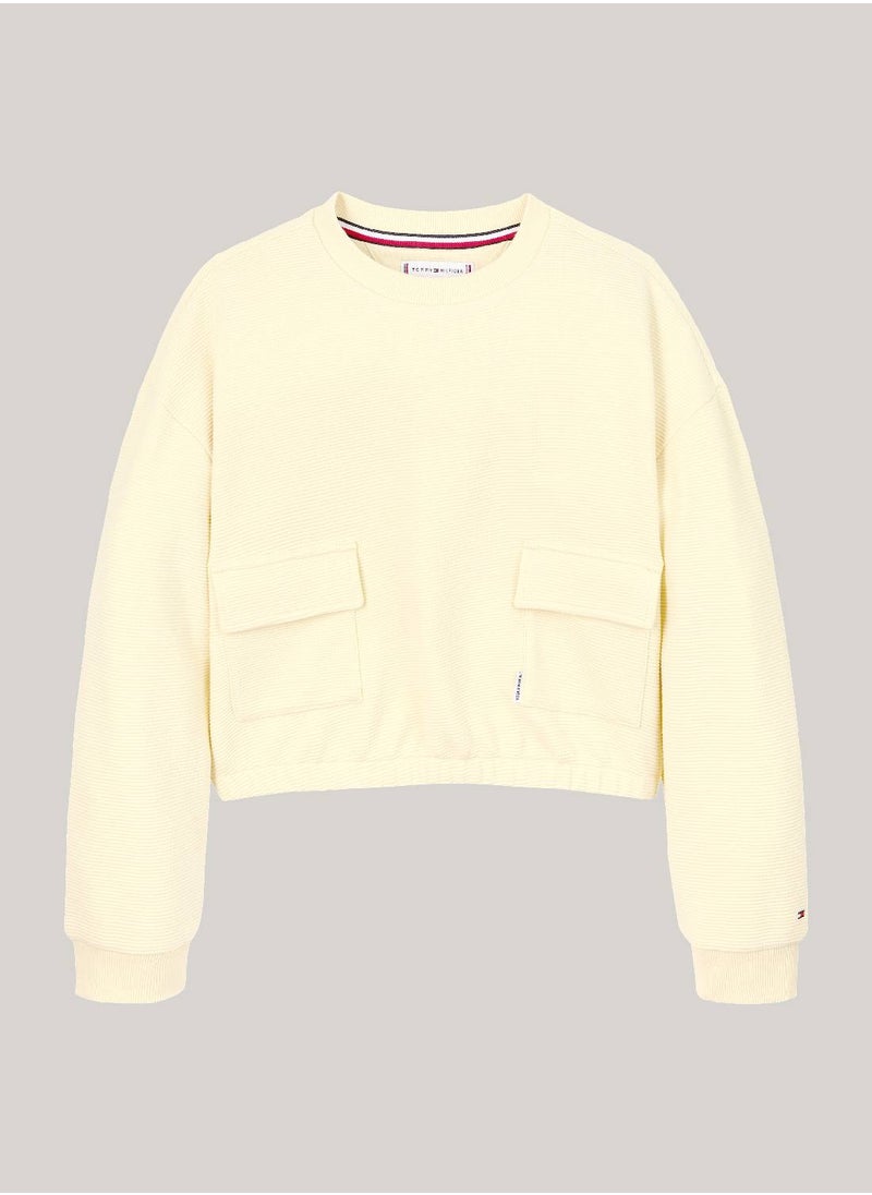 TOMMY HILFIGER Girls' Utility Textured Crew Sweatshirt - Cotton, Yellow  - Image 2