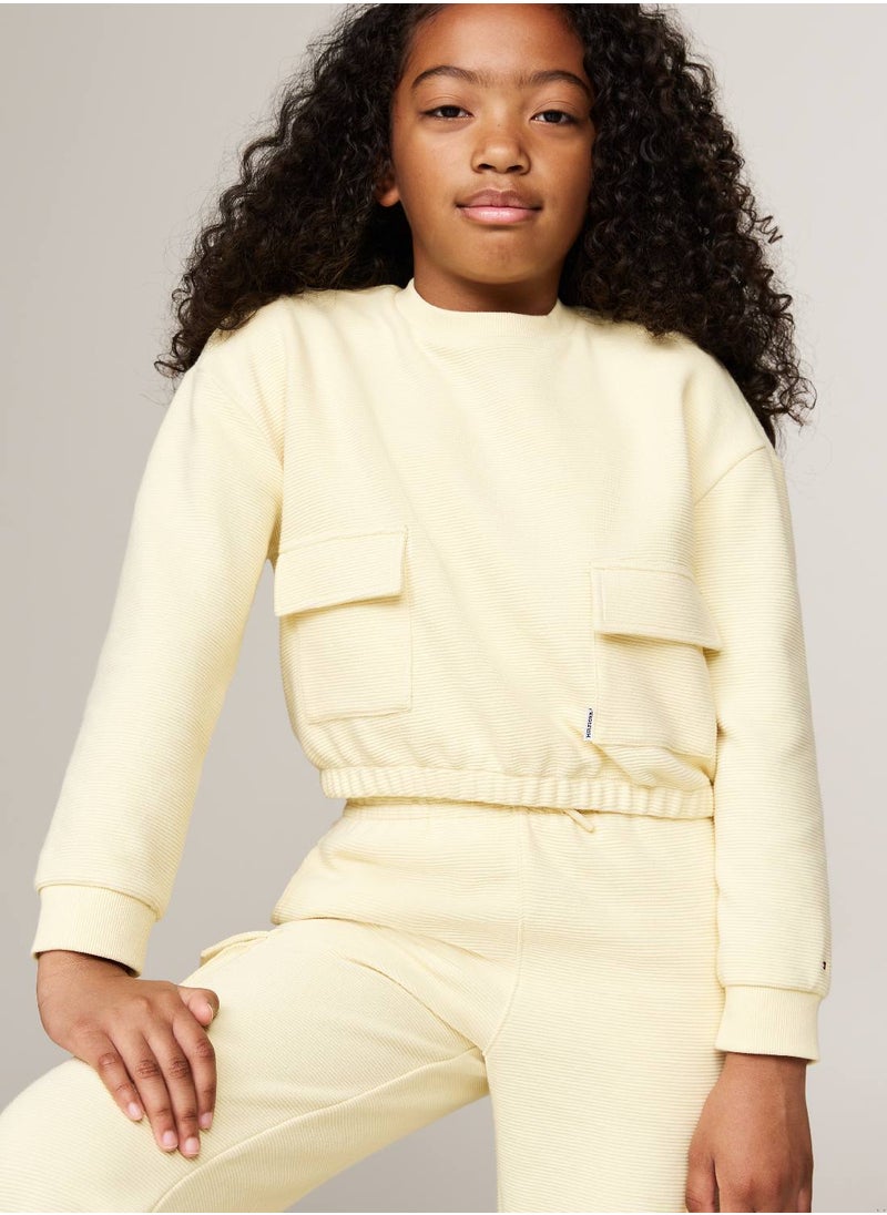 TOMMY HILFIGER Girls' Utility Textured Crew Sweatshirt - Cotton, Yellow  - Image 4