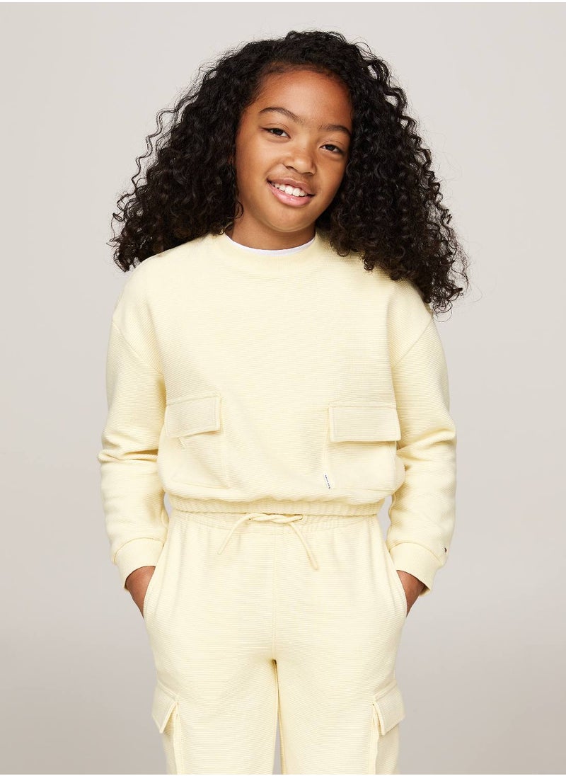 TOMMY HILFIGER Girls' Utility Textured Crew Sweatshirt - Cotton, Yellow  - Image 1