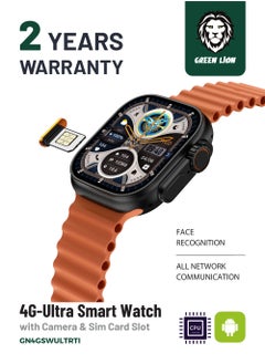 GREEN LION 4G Ultra Smart Watch for Men / Andriod / Nano Sim /2MP Camera / Calls /Notifications / Health Tracker/ Black Dial with Orange Band  - Image 1