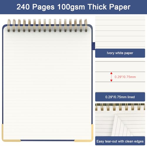 Mousbull A4 Top Spiral Notebook, Large Leather Hardcover Top Bound Steno Pads, 240 Pages 100 gsm Thick Lined Paper Left Handed Notebook Journal for Work, School, Meeting Writing - Navy Blue, 8.5" x 11" - Image 4