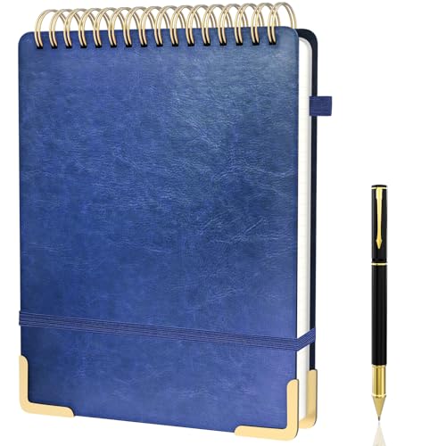 Mousbull A4 Top Spiral Notebook, Large Leather Hardcover Top Bound Steno Pads, 240 Pages 100 gsm Thick Lined Paper Left Handed Notebook Journal for Work, School, Meeting Writing - Navy Blue, 8.5" x 11" - Image 1