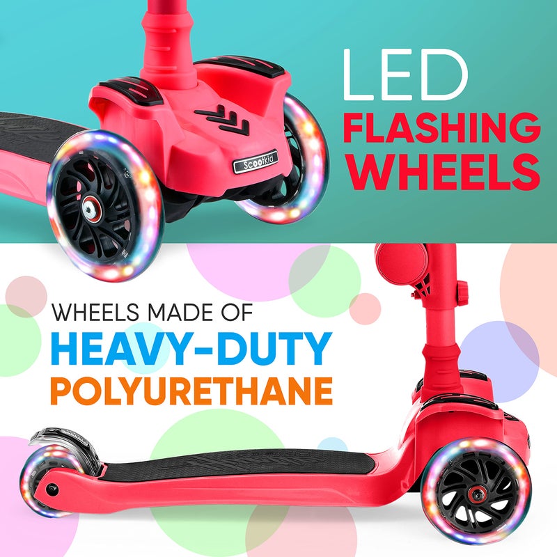 Hurtle Kids Scooter - Child Toddler Kick Scooter Toy with Foldable Seat - 3 Wheel Scooter with Adjustable Height, Anti-Slip Deck, Flashing Wheel Lights, for Boys/Girls 1-12 Year Old, Watermelon - Image 4