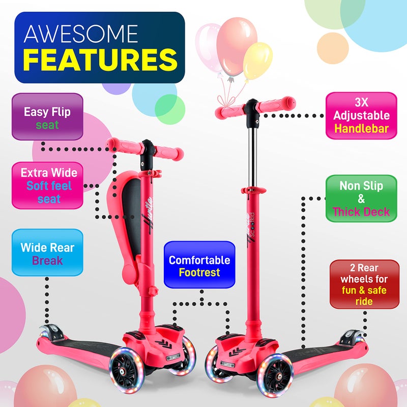 Hurtle Kids Scooter - Child Toddler Kick Scooter Toy with Foldable Seat - 3 Wheel Scooter with Adjustable Height, Anti-Slip Deck, Flashing Wheel Lights, for Boys/Girls 1-12 Year Old, Watermelon - Image 2