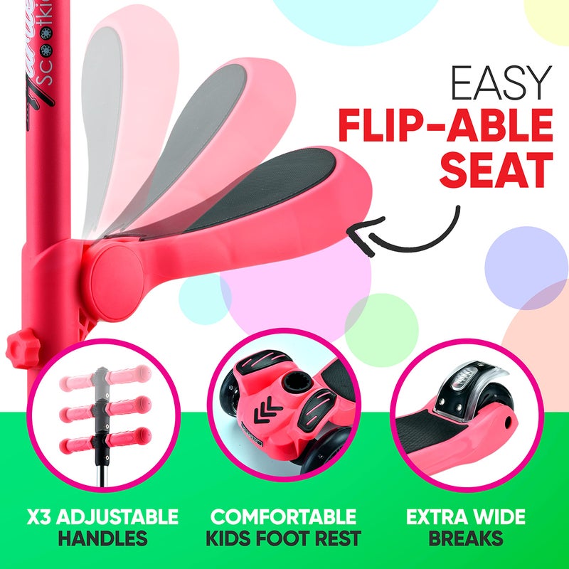 Hurtle Kids Scooter - Child Toddler Kick Scooter Toy with Foldable Seat - 3 Wheel Scooter with Adjustable Height, Anti-Slip Deck, Flashing Wheel Lights, for Boys/Girls 1-12 Year Old, Watermelon - Image 5