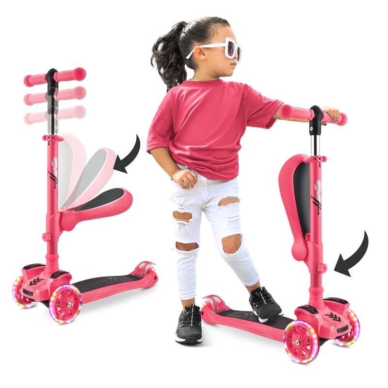 Hurtle Kids Scooter - Child Toddler Kick Scooter Toy with Foldable Seat - 3 Wheel Scooter with Adjustable Height, Anti-Slip Deck, Flashing Wheel Lights, for Boys/Girls 1-12 Year Old, Watermelon - Image 1