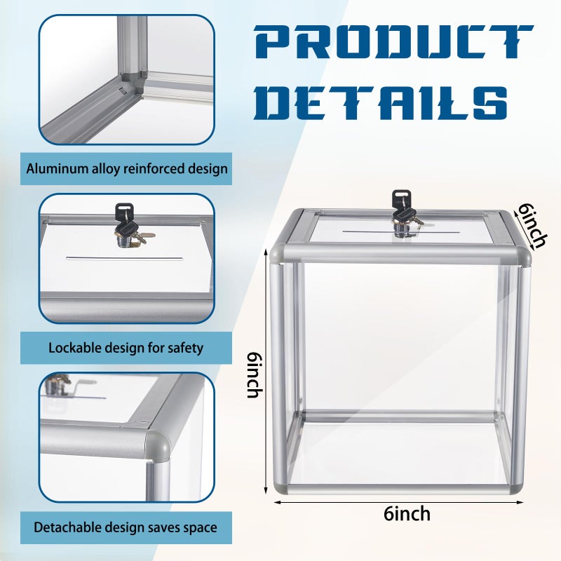 Lineshading Acrylic Donation Raffle Box with Slot & Lock, Large Clear Ballot Offering Suggestion Ticket Holder for Fundraising Drawing Storage Container Tip Jar Voting Charity(6 x 6 x 6 In,Clear) - Image 2