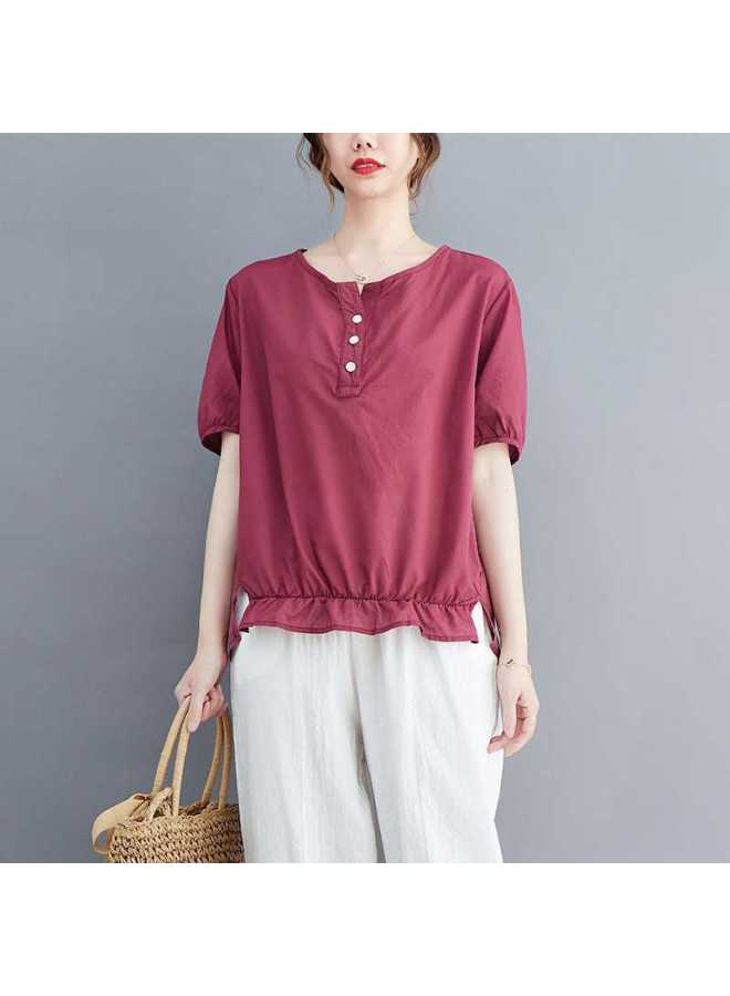 2024 Summer New Korean Style Plus Size Lotus Leaf Hem V-Neck Loose Slimming Short-Sleeved T-Shirt For Women 