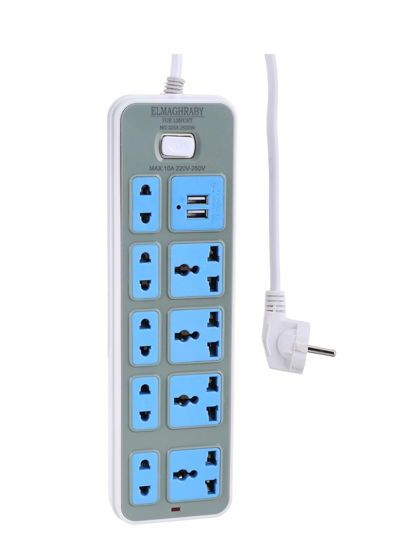 Generic - Power Strip - 9 Outlets & USB Blue/Grey 13x2x7.8cm - Image 1