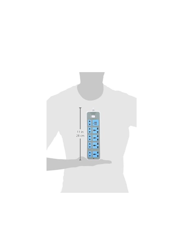 Generic - Power Strip - 9 Outlets & USB Blue/Grey 13x2x7.8cm - Image 1