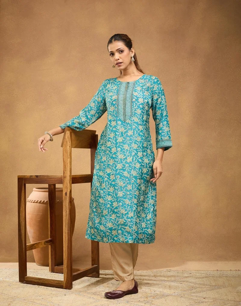 Fabindia Blue Rayon Blend Hand Block Printed Long Kurta