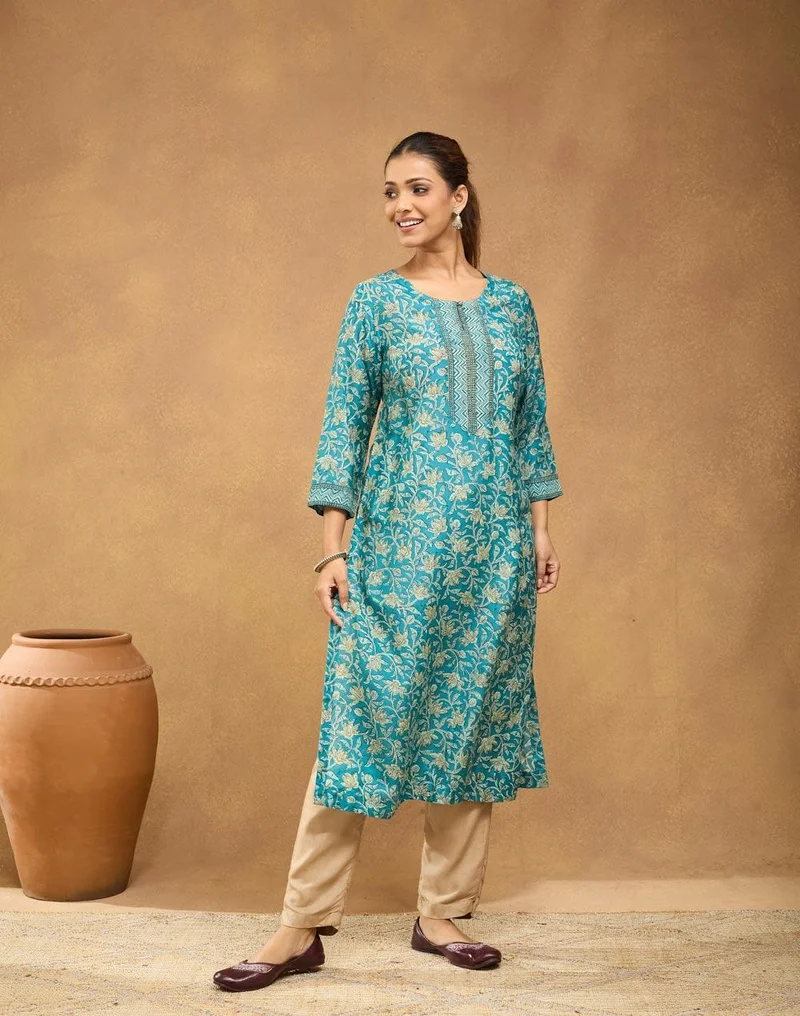 Fabindia Blue Rayon Blend Hand Block Printed Long Kurta