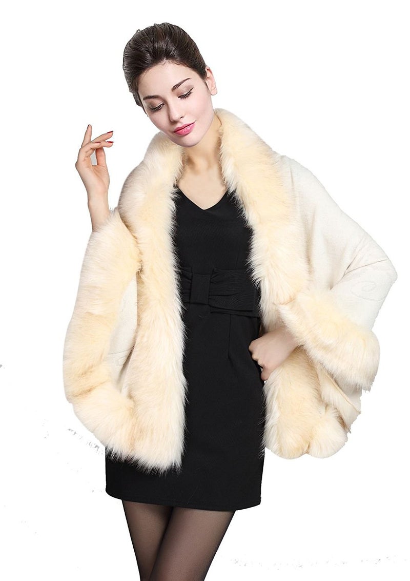 BEAUTELICATE Faux Fur Shawl Wrap Stole Shrug Bridal Winter Wedding with Hook - Image 2