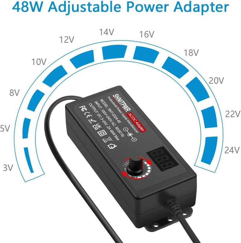 شنيت بور شاحن العالمي من التيار المتردد إلى التيار المستمر (AC to DC) بجهود تتراوح بين 3V و24V وسرعة تدفق تصل إلى 2A، قدرة تصل إلى 48 واط. يدعم جهودًا متعددة مثل 3V، 5V، 6V، 9V، 12V، 15V، 18V، 19V، 20V، 24V، ويتميز أيضًا بتحويل التيار المتردد إلى التيار المستمر بدقة عالية، بالإضافة إلى محول لتغيير الاتجاه الكهربائي. - Image 2