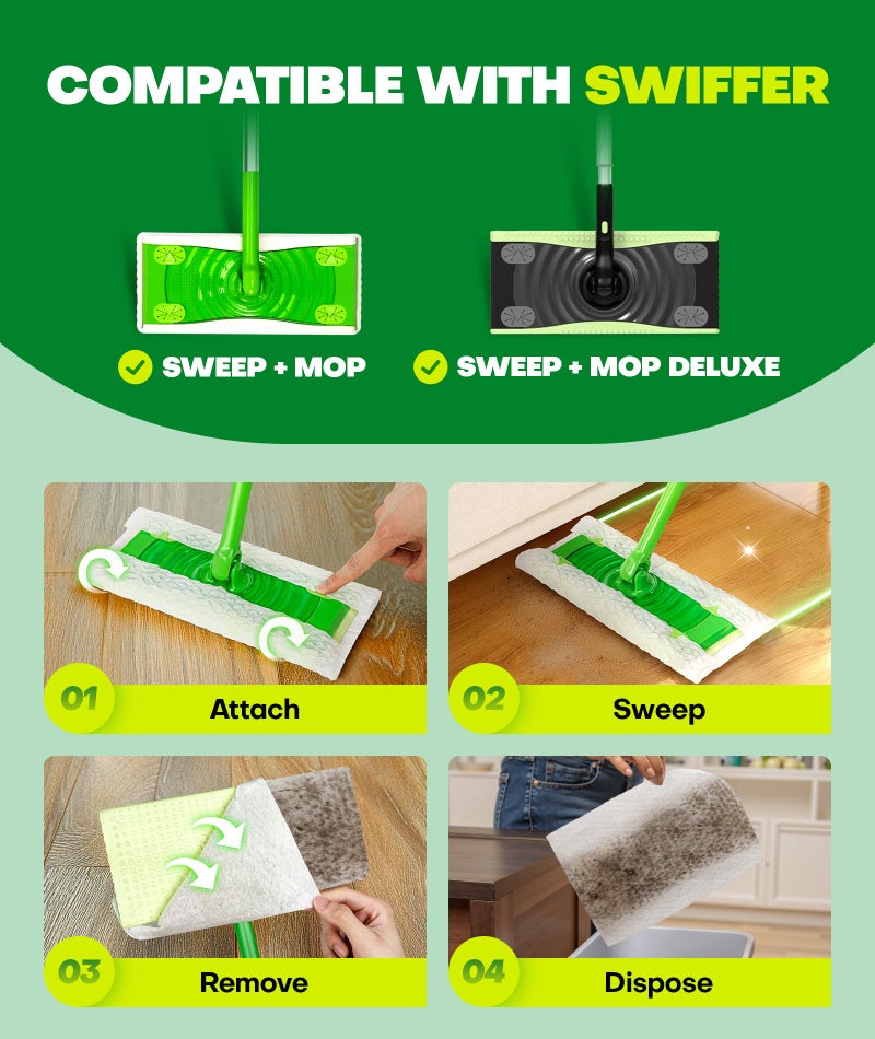Domudy 60 Count Dry Sweeping Cloths Refills for Swiffer Sweep + Mop, 4X Clean Power Sweeper Mop Pads to Clean Hair, Dirt, Dust, Disposable Unscented Dry Cloths Refills for Mopping Home, Bathroom, Kitchen - Image 4