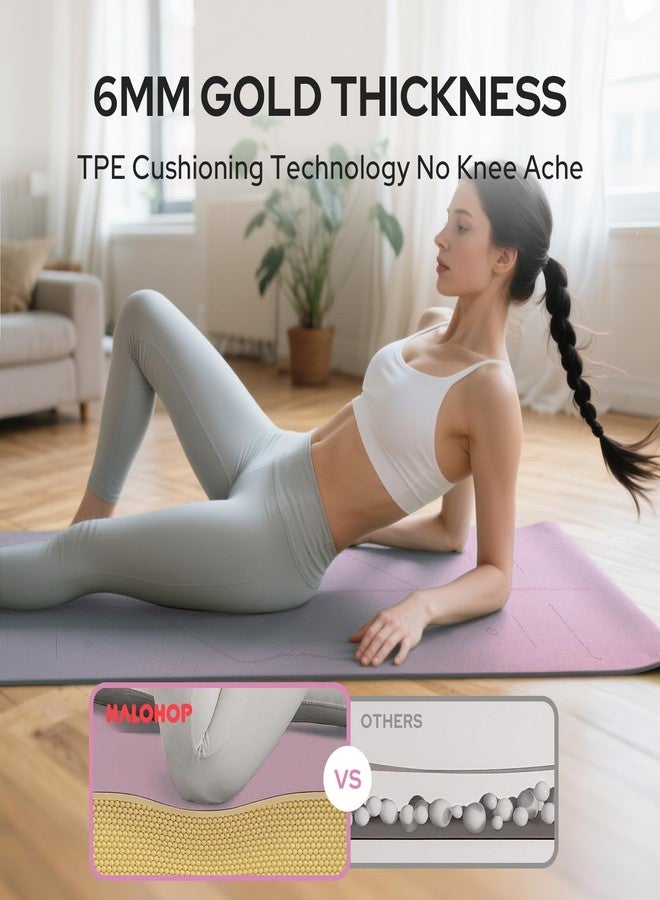 Halohop Yoga Mat for Woman True Alignment Yoga Mats TPE Material 6mm Extra Thick Anti-Slip Exercise Mat Perfect Grip Alignment Lines Durability Cushioned Pink - Image 5
