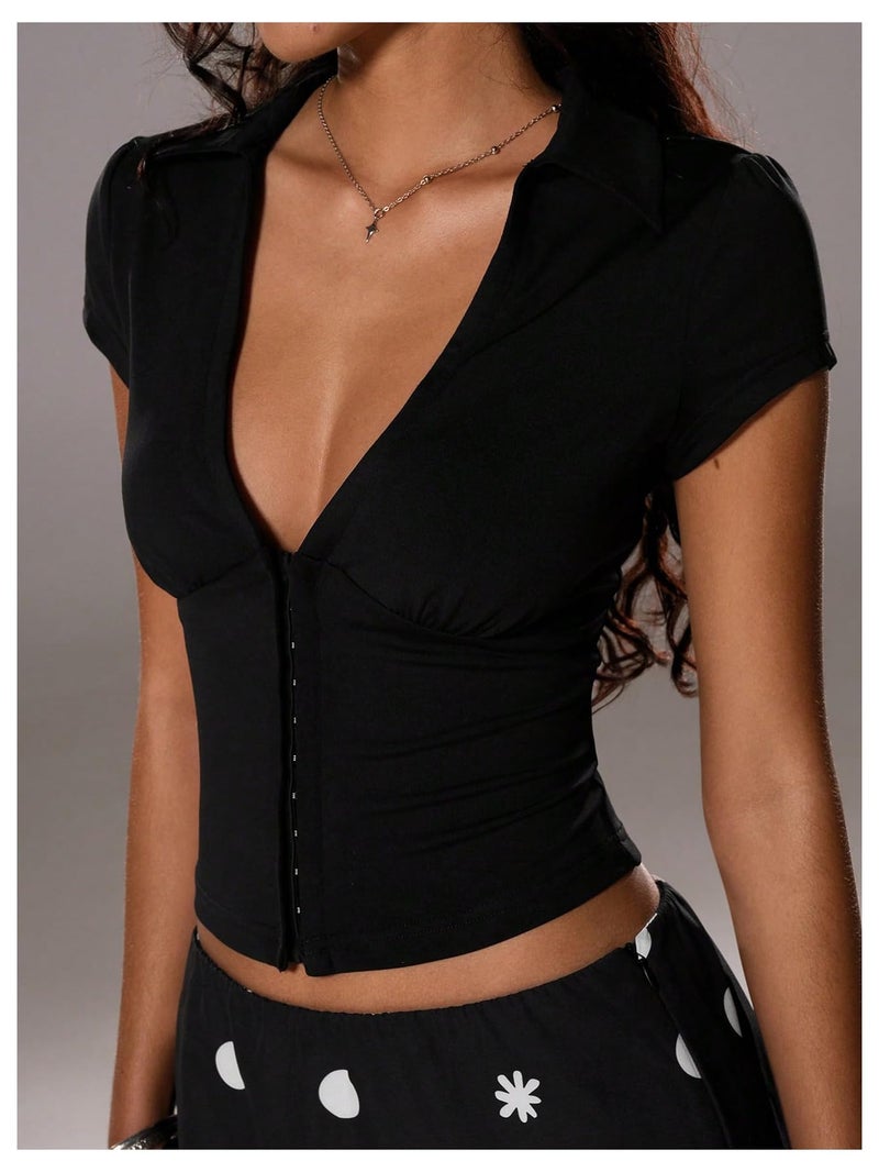 SweatyRocks Women's Sexy Corset Low Cut Tops Y2k Short Sleeve Crop Tops Deep V Neck Shirts Going Out Black Medium - Image 2