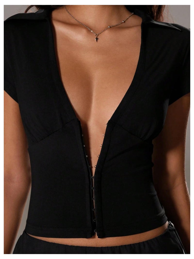 SweatyRocks Women's Sexy Corset Low Cut Tops Y2k Short Sleeve Crop Tops Deep V Neck Shirts Going Out Black Medium - Image 3