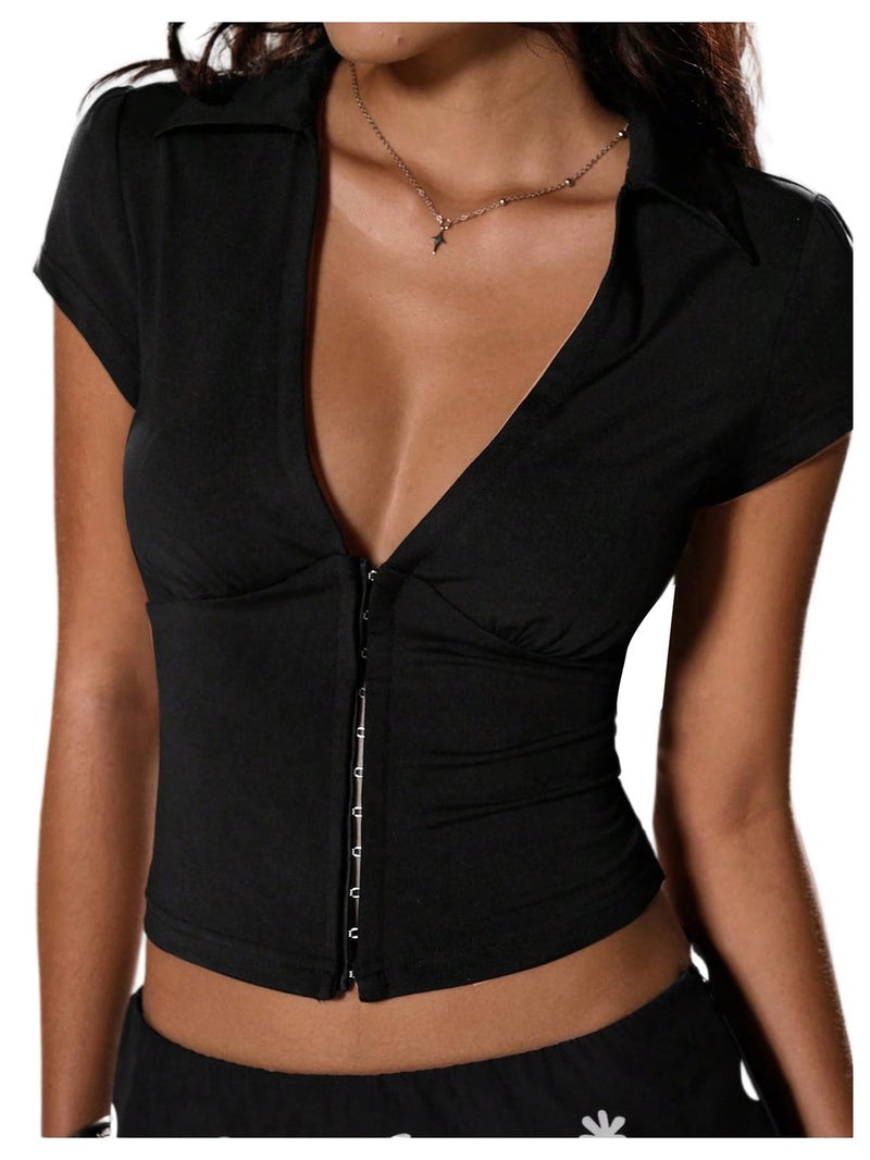 SweatyRocks Women's Sexy Corset Low Cut Tops Y2k Short Sleeve Crop Tops Deep V Neck Shirts Going Out Black Medium - Image 1