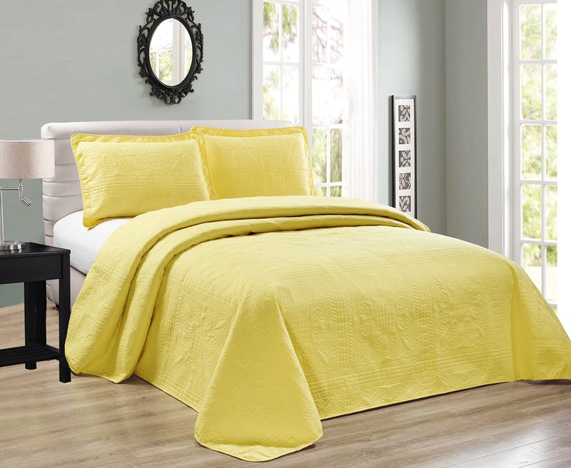 Elegant Home Decor Elegant Home Beautiful Over Sized Yellow Solid Color Embossed Floral Striped 3 Piece Queen/Full Size Coverlet Bedspread (Queen/Full, Yellow)