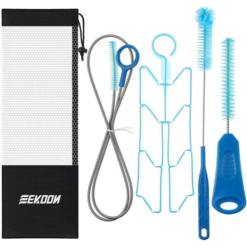Feekoon 4 Pcs Set Reservoirs Backpack Accessories Hydration Bladder Cleaning Kit with Flexible Long Brush for Hose, Small Bite Valve and Big Brush, Drying Collapsible Bladder Frame, Carrying Pouch (Blue) - Image 1