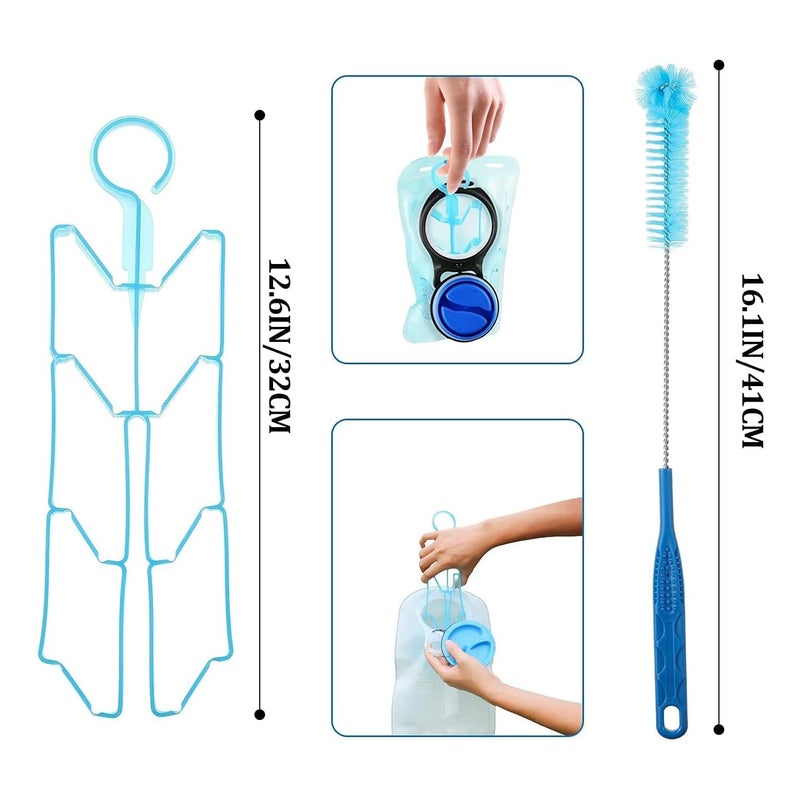 Feekoon 4 Pcs Set Reservoirs Backpack Accessories Hydration Bladder Cleaning Kit with Flexible Long Brush for Hose, Small Bite Valve and Big Brush, Drying Collapsible Bladder Frame, Carrying Pouch (Blue) - Image 4