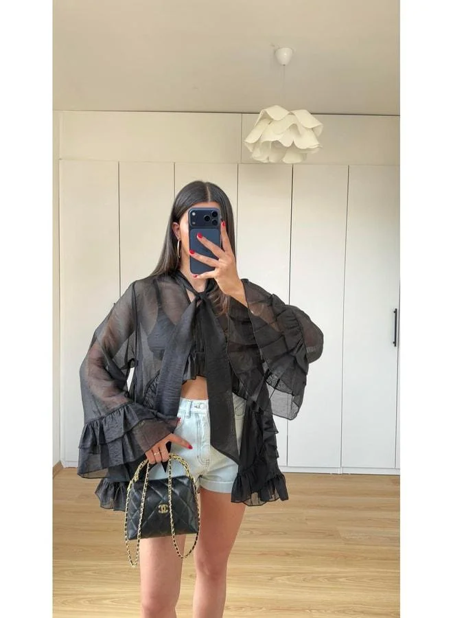 Gaus Black Shawl Detailed Ruffled Blouse GAUS-01597.