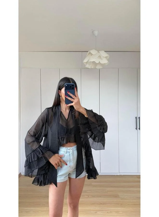 Gaus Black Shawl Detailed Ruffled Blouse GAUS-01597.