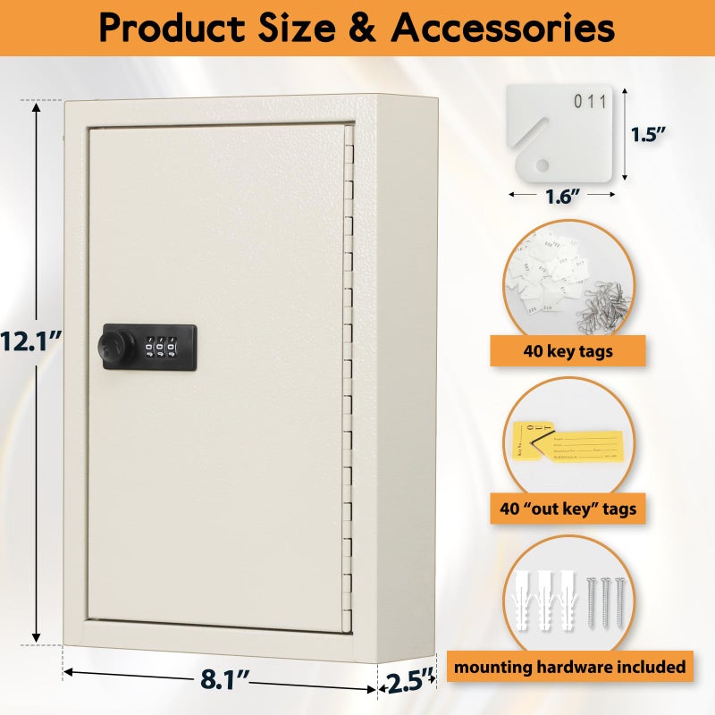 KYODOLED Key Storage Lock Box with Code, Locking Key Cabinet, 40 Key Holder Wall Mount with Combination Lock, Hooks & Tags Labels for Home, Office, Business, 2.5" D x 8.1" W x 12.1" H, White - Image 2